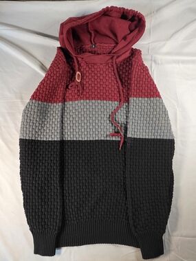 Men's Colorblock Knit Hoodie Sweater - Red, Gray & Black